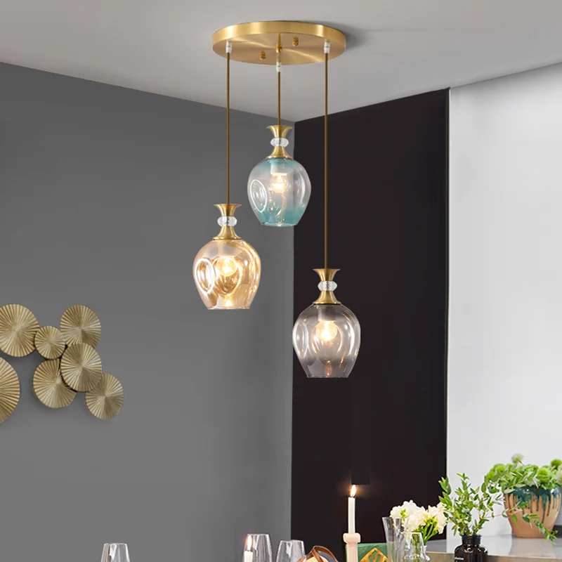 Lampe suspendue en forme de grappe de tulipes dorées, plafonnier moderniste à 3 têtes en verre alvéolé beige-bleu-gris Cle...