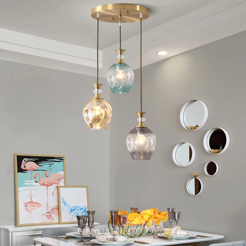 Lampe suspendue en forme de grappe de tulipes dorées, plafonnier moderniste à 3 têtes en verre alvéolé beige-bleu-gris Cle...