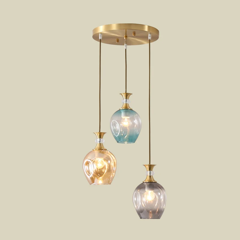 Lampe suspendue en forme de grappe de tulipes dorées, plafonnier moderniste à 3 têtes en verre alvéolé beige-bleu-gris Cle...
