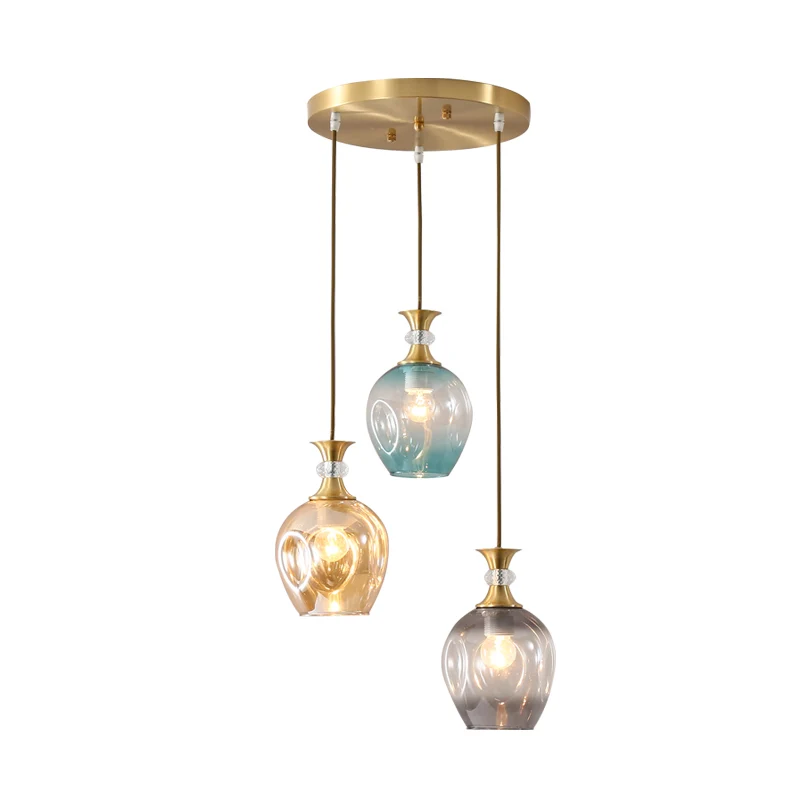 Lampe suspendue en forme de grappe de tulipes dorées, plafonnier moderniste à 3 têtes en verre alvéolé beige-bleu-gris Cle...