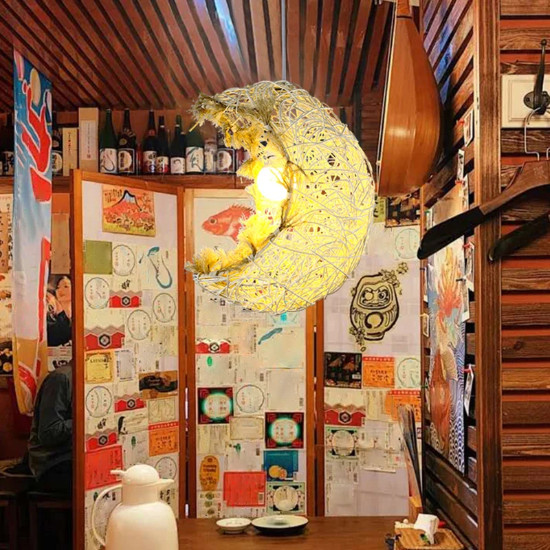 Lampe suspendue en forme de lune, en rotin moderne, 1 tête, luminaire suspendu pour Restaurant Clearhalo