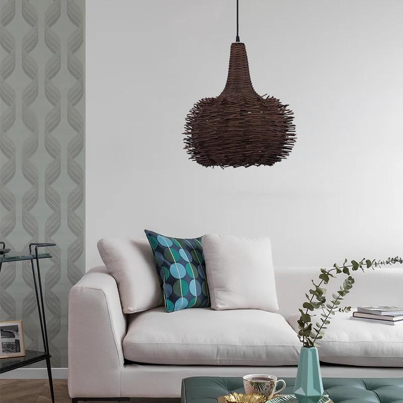 Lampe suspendue en forme de nid d'oiseau marron, 1 lumière rustique, en bambou, pour salon, salon de thé Clearhalo