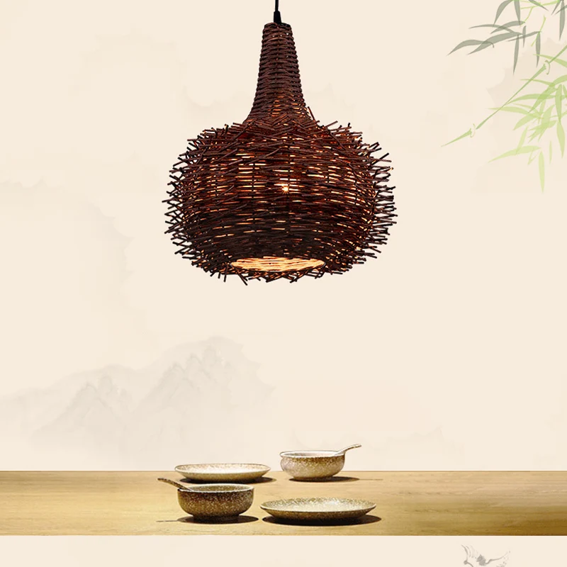 Lampe suspendue en forme de nid d'oiseau marron, 1 lumière rustique, en bambou, pour salon, salon de thé Clearhalo