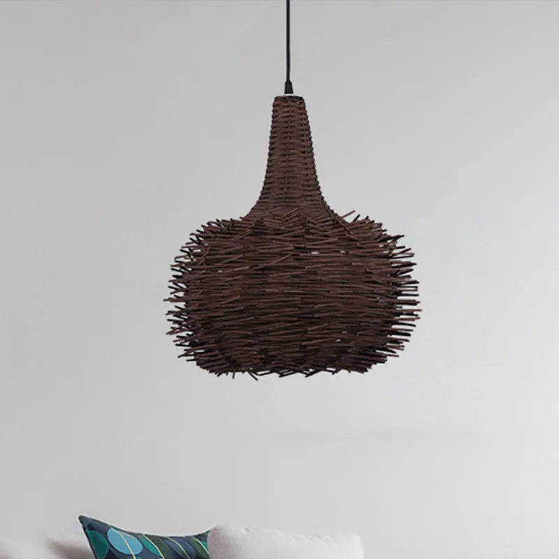 Lampe suspendue en forme de nid d'oiseau marron, 1 lumière rustique, en bambou, pour salon, salon de thé Clearhalo