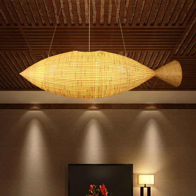 Lampe suspendue en forme de poisson d'Asie, luminaire suspendu en bambou pour salle à manger, beige Clearhalo