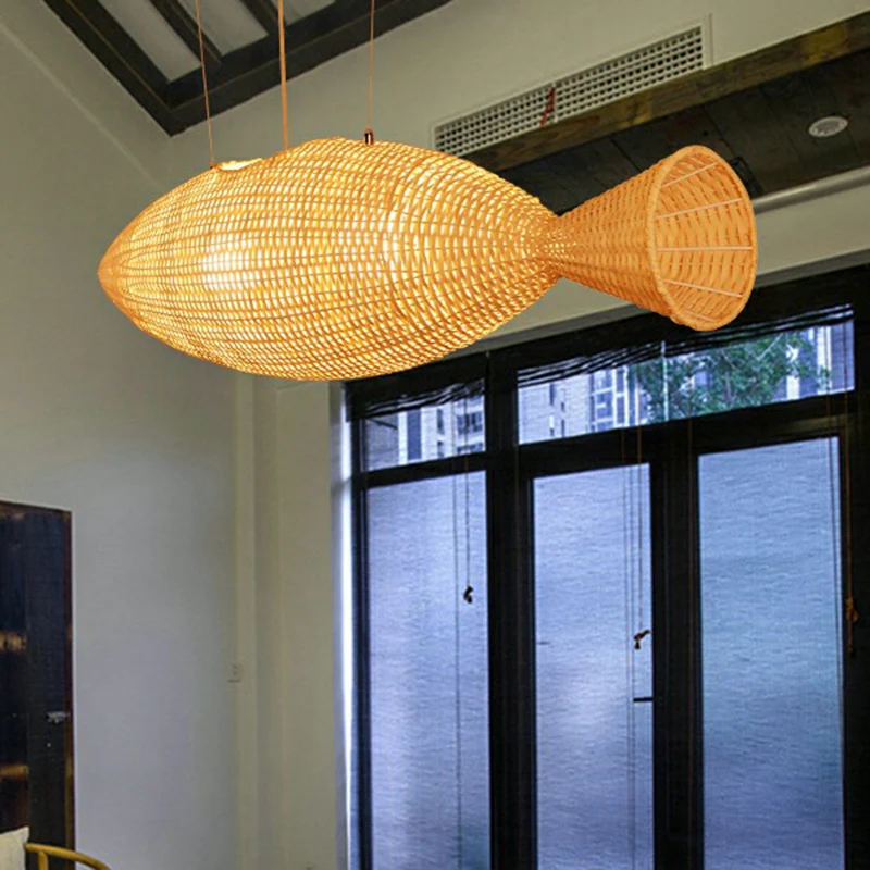 Lampe suspendue en forme de poisson d'Asie, luminaire suspendu en bambou pour salle à manger, beige Clearhalo
