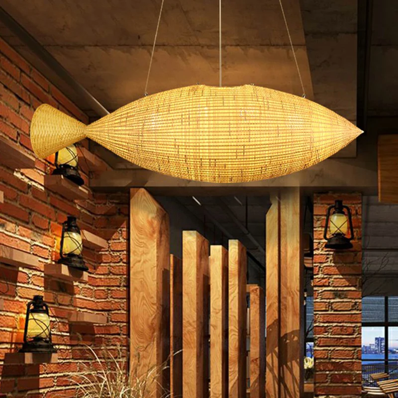 Lampe suspendue en forme de poisson d'Asie, luminaire suspendu en bambou pour salle à manger, beige Clearhalo