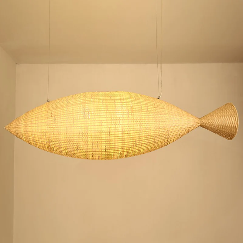 Lampe suspendue en forme de poisson d'Asie, luminaire suspendu en bambou pour salle à manger, beige Clearhalo