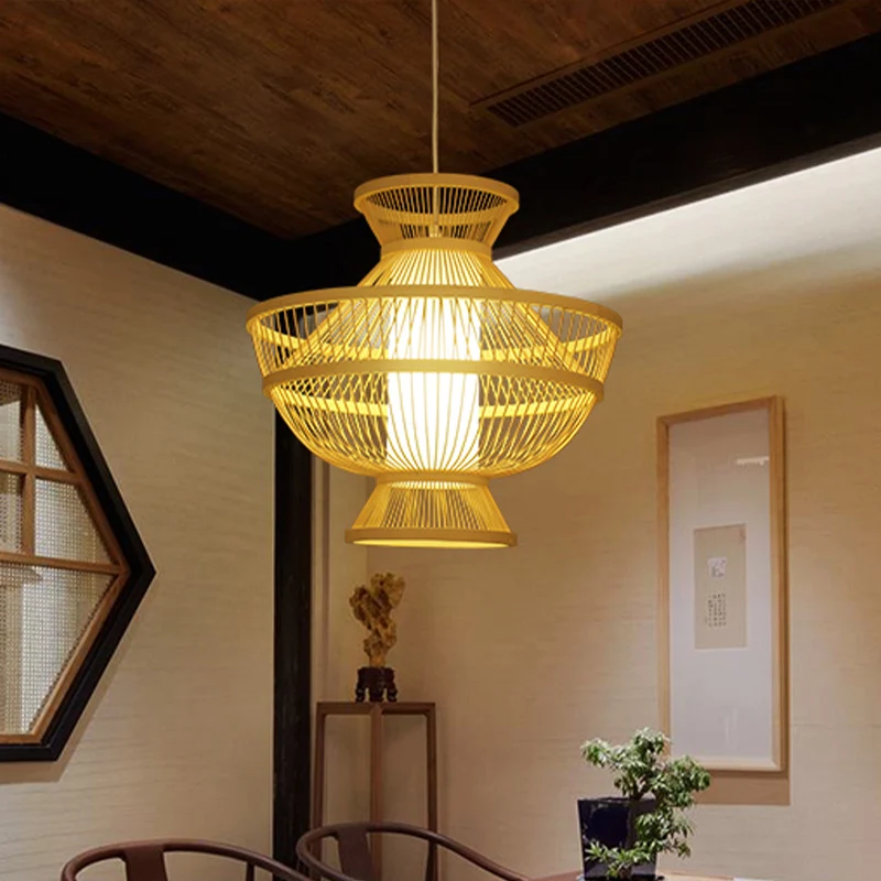 Lampe suspendue en forme de Pot chaud Beige, plafonnier en bambou à ampoule unique de Style asiatique pour Restaurant Clea...