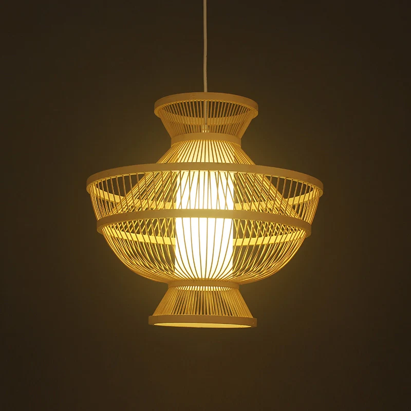 Lampe suspendue en forme de Pot chaud Beige, plafonnier en bambou à ampoule unique de Style asiatique pour Restaurant Clea...