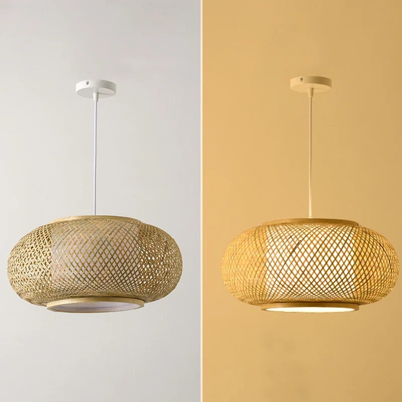 Lampe suspendue en forme de tambour tissé en bambou et rotin, style asiatique, lampe à suspension à 1 lumière, beige Clear...