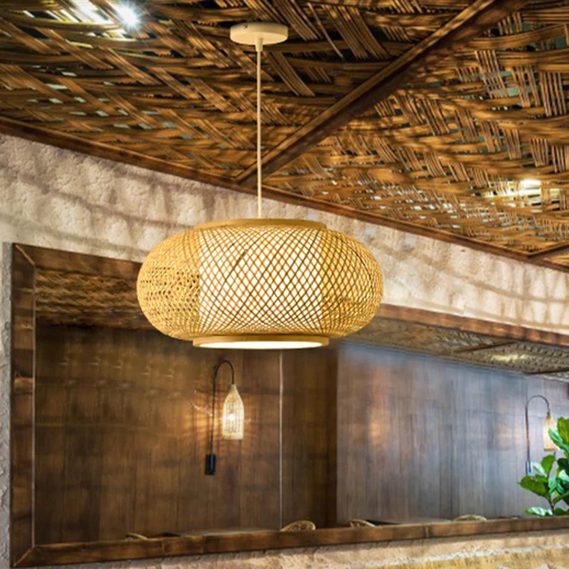 Lampe suspendue en forme de tambour tissé en bambou et rotin, style asiatique, lampe à suspension à 1 lumière, beige Clear...