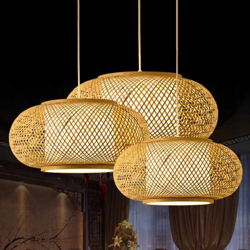 Lampe suspendue en forme de tambour tissé en bambou et rotin, style asiatique, lampe à suspension à 1 lumière, beige Clear...