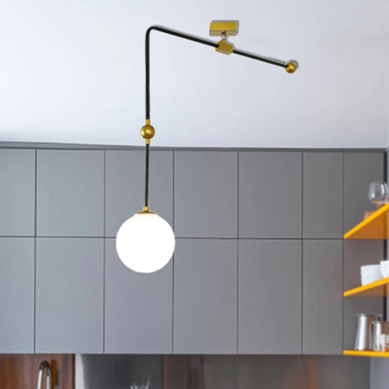 Lampe suspendue globale en verre blanc, Style modernisme, 1 tête, lampe suspendue noire avec tige métallique réglable Clea...