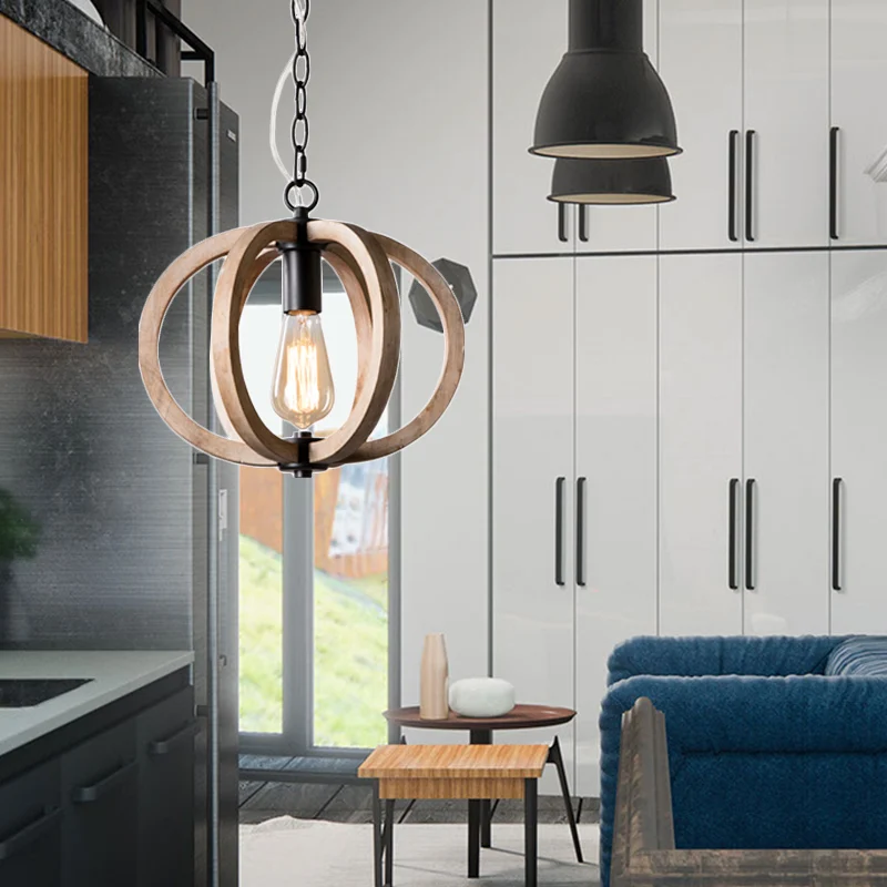 Lampe suspendue Globe à lumière unique, luminaire suspendu en bois rustique réglable en hauteur pour chambre à coucher Cle...