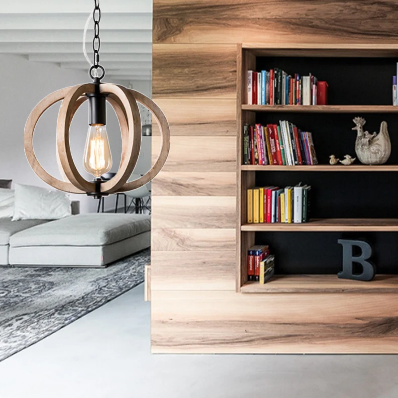 Lampe suspendue Globe à lumière unique, luminaire suspendu en bois rustique réglable en hauteur pour chambre à coucher Cle...