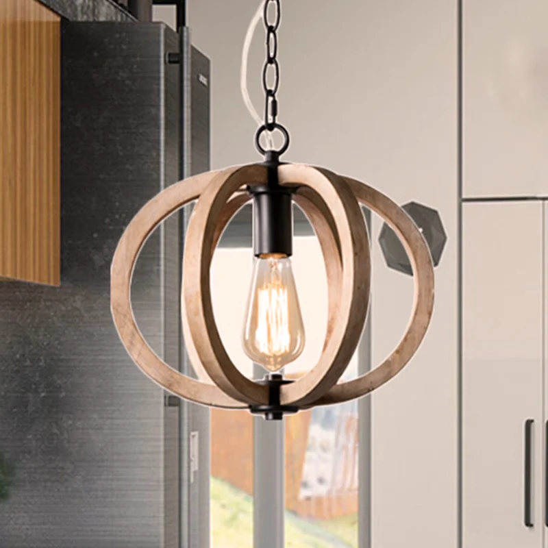 Lampe suspendue Globe à lumière unique, luminaire suspendu en bois rustique réglable en hauteur pour chambre à coucher Cle...