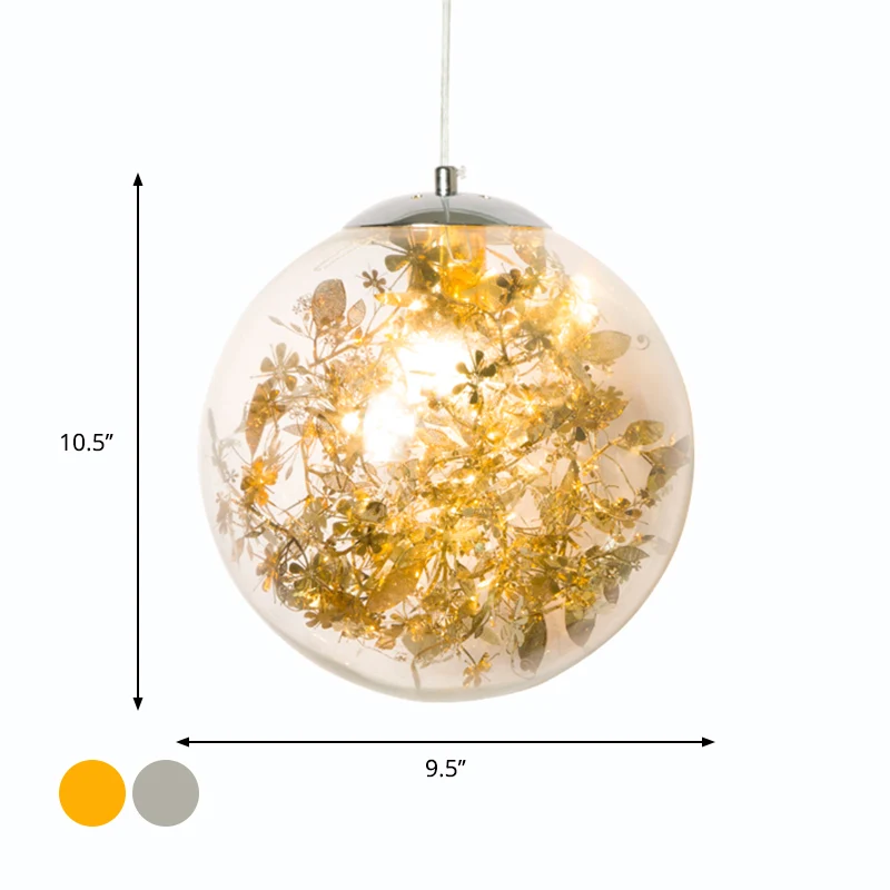 Lampe suspendue Globe pour chambre à coucher, verre transparent, 1 lumière, luminaire suspendu moderniste avec décor de fe...