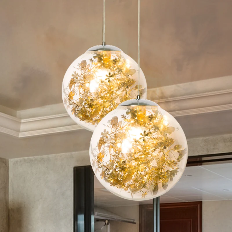 Lampe suspendue Globe pour chambre à coucher, verre transparent, 1 lumière, luminaire suspendu moderniste avec décor de fe...