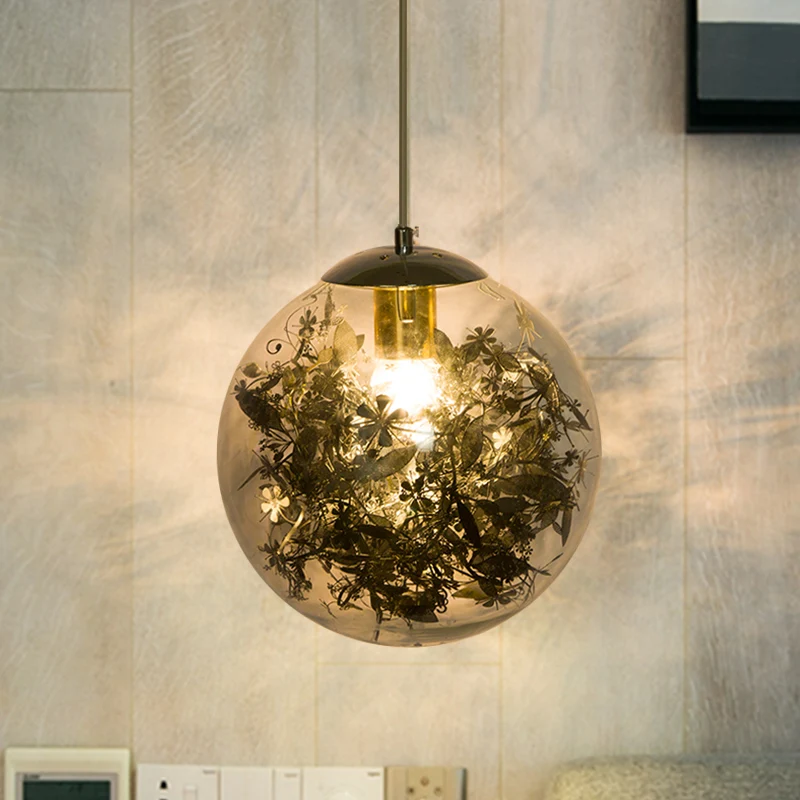 Lampe suspendue Globe pour chambre à coucher, verre transparent, 1 lumière, luminaire suspendu moderniste avec décor de fe...