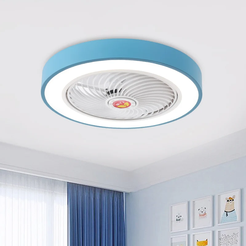 Lampe suspendue LED avec ventilateur pour salon d'enfants, montage semi-encastré avec abat-jour rond en acrylique, gris/bl...