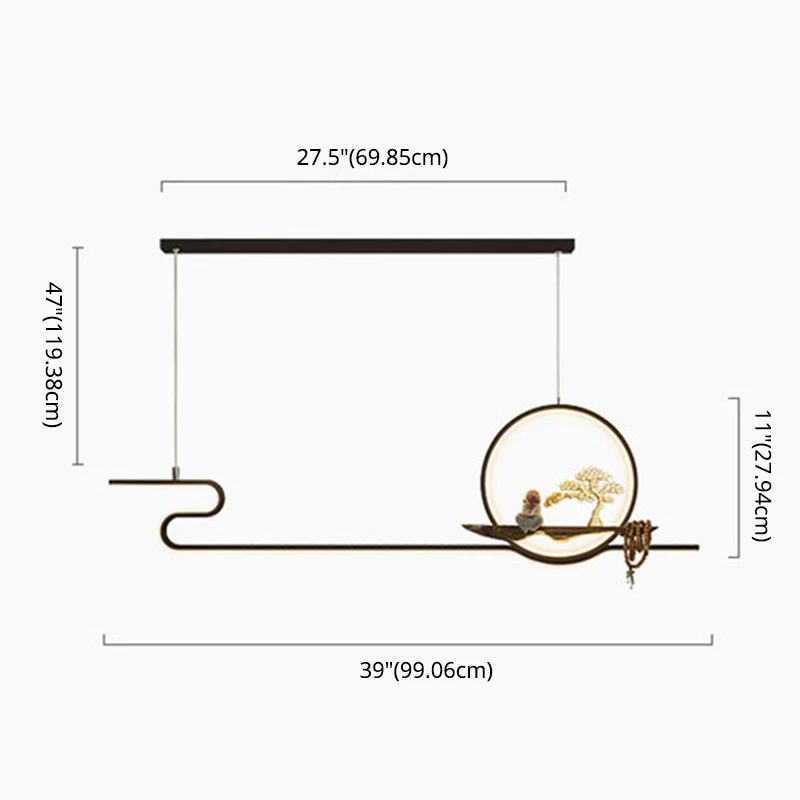 Lampe suspendue linéaire artistique minimaliste, en métal, pour salle d'étude, LED, avec décor de moine et d'arbre Clearhalo