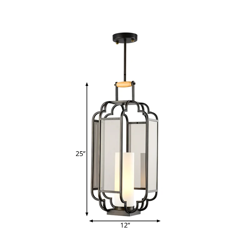 Lampe suspendue à 1 lumière en verre beige, cylindre noir traditionnel, pendule de salon, 8"/10"/12" de large Clearhalo