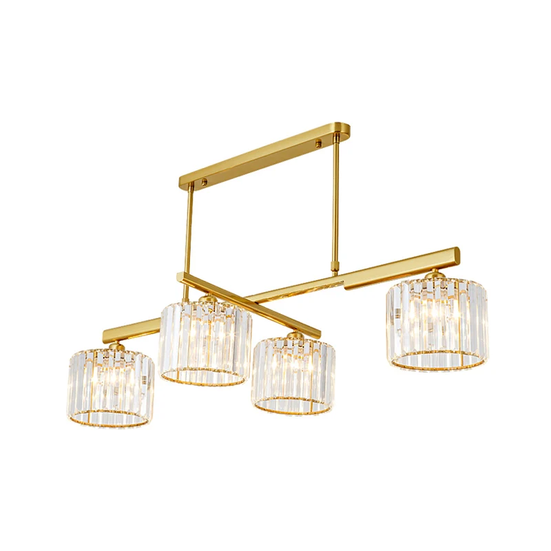Lampe suspendue moderne en laiton, cylindre métallique, 4 lumières, éclairage d'îlot avec bloc de cristal pour le salon Cl...