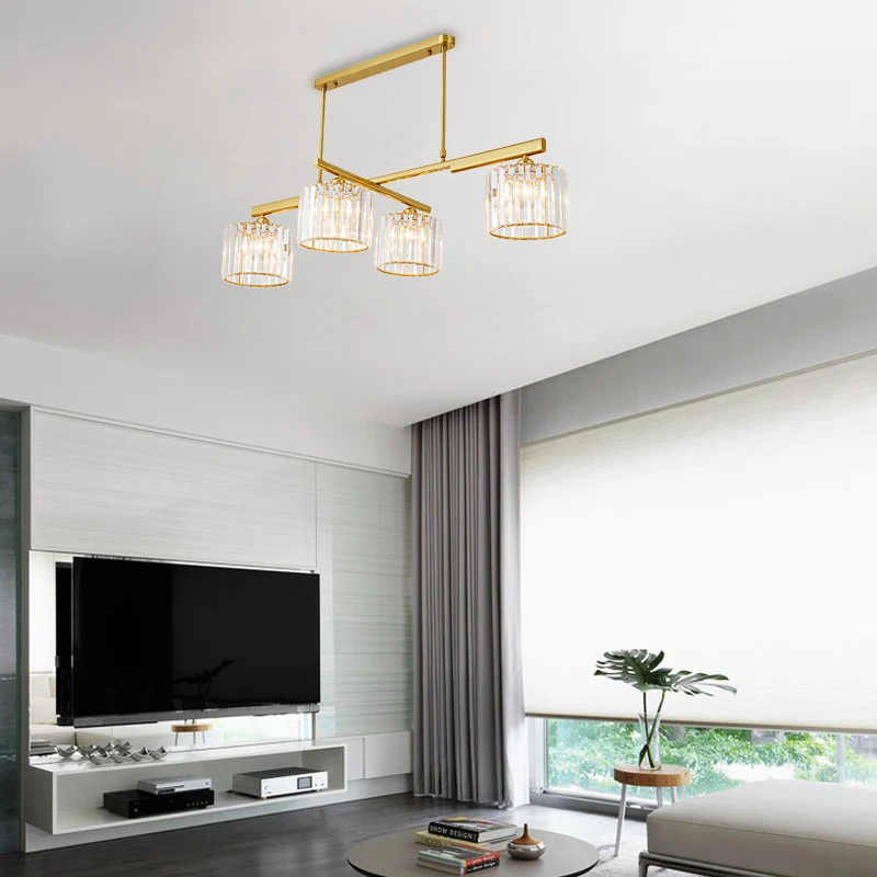 Lampe suspendue moderne en laiton, cylindre métallique, 4 lumières, éclairage d'îlot avec bloc de cristal pour le salon Cl...