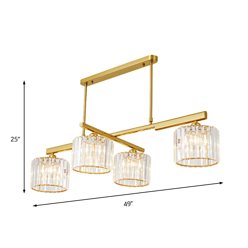Lampe suspendue moderne en laiton, cylindre métallique, 4 lumières, éclairage d'îlot avec bloc de cristal pour le salon Cl...