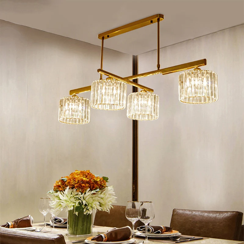 Lampe suspendue moderne en laiton, cylindre métallique, 4 lumières, éclairage d'îlot avec bloc de cristal pour le salon Cl...