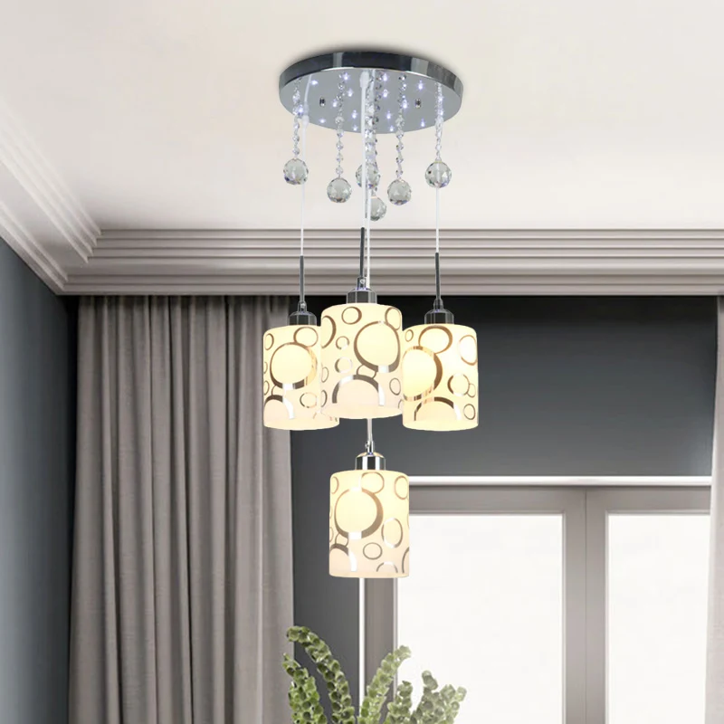 Lampe suspendue multiple en verre à motifs, cylindre, modernisme, 4 ampoules, pendule en Chrome avec goutte de cristal Cle...