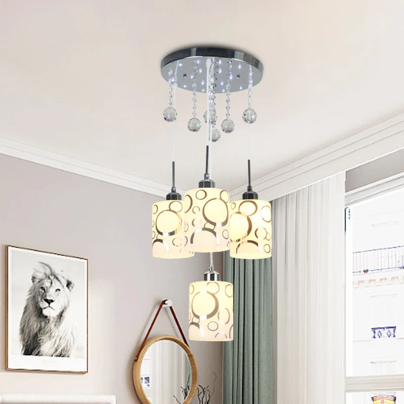 Lampe suspendue multiple en verre à motifs, cylindre, modernisme, 4 ampoules, pendule en Chrome avec goutte de cristal Cle...