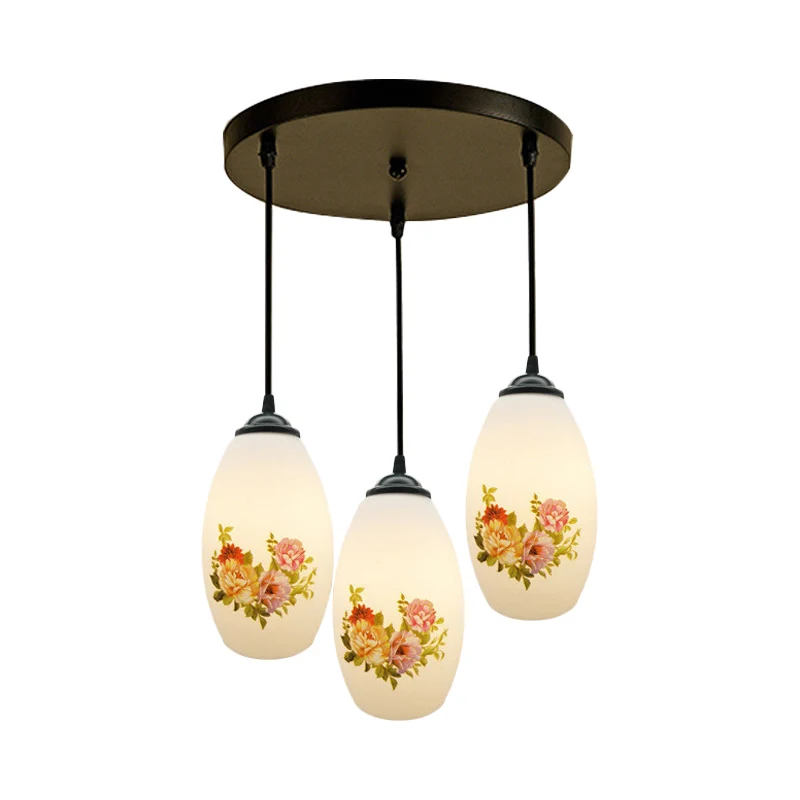 Lampe suspendue ovale minimaliste à 3 têtes, en verre dépoli blanc, noire, avec auvent linéaire/rond Clearhalo