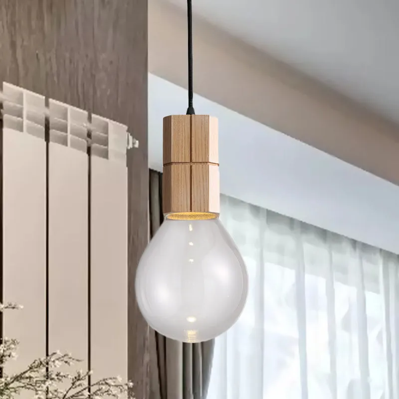 Lampe suspendue au plafond à ampoule exposée, moderne, en verre transparent, 1 tête, Kit de lampe suspendue en bois, lumiè...