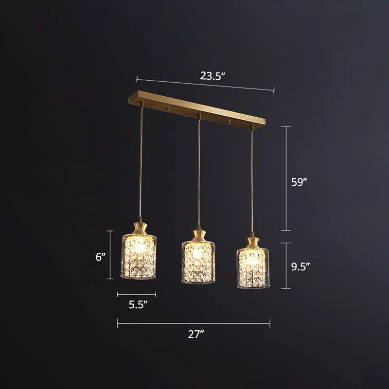 Lampe suspendue postmoderne à 3 têtes en cristal, ombragée, Multiple, pour salle à manger, en or Clearhalo