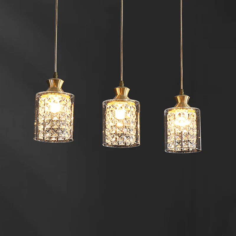 Lampe suspendue postmoderne à 3 têtes en cristal, ombragée, Multiple, pour salle à manger, en or Clearhalo