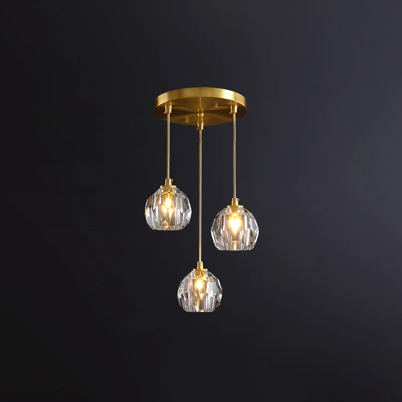Lampe suspendue postmoderne à 3 têtes en cristal, ombragée, Multiple, pour salle à manger, en or Clearhalo