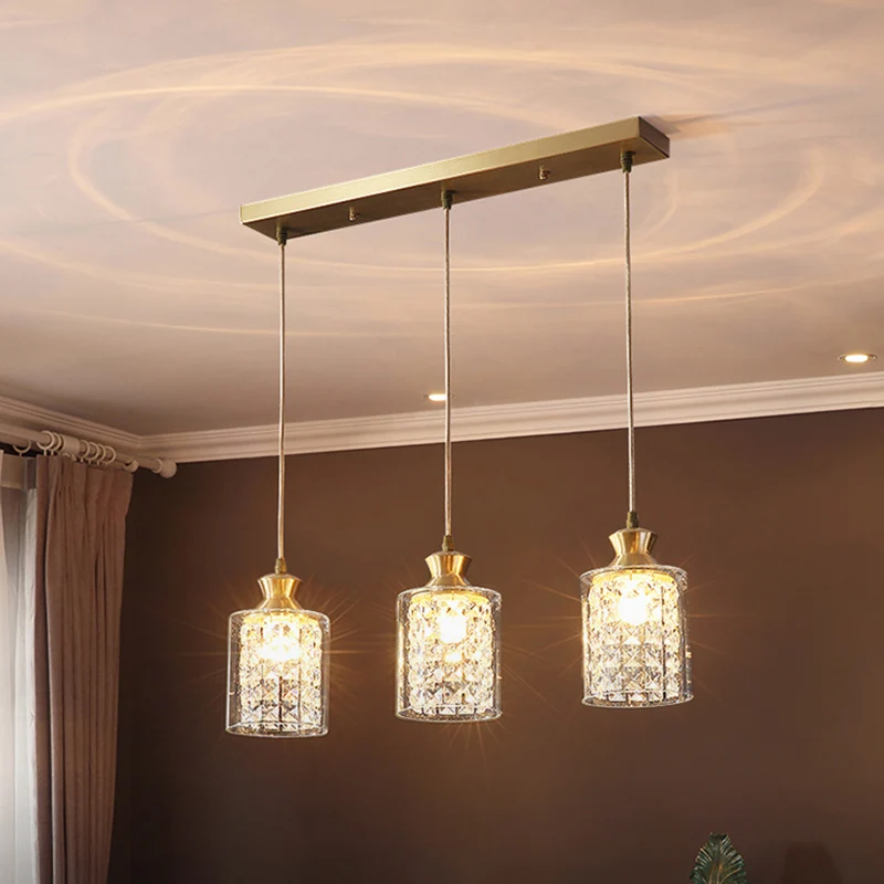 Lampe suspendue postmoderne à 3 têtes en cristal, ombragée, Multiple, pour salle à manger, en or Clearhalo