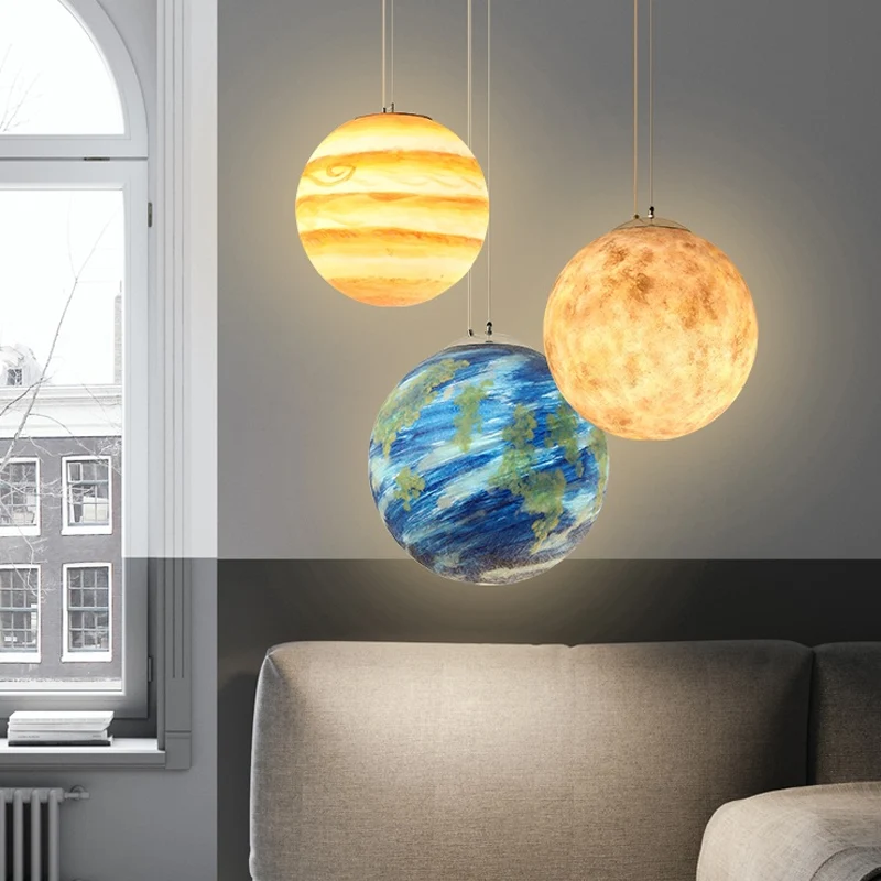 Lampe suspendue pour chambre à coucher à ampoule unique en verre bleu clair/jaune, sphère Saturne/Terre pour enfants, 8"/1...
