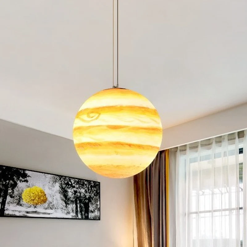 Lampe suspendue pour chambre à coucher à ampoule unique en verre bleu clair/jaune, sphère Saturne/Terre pour enfants, 8"/1...