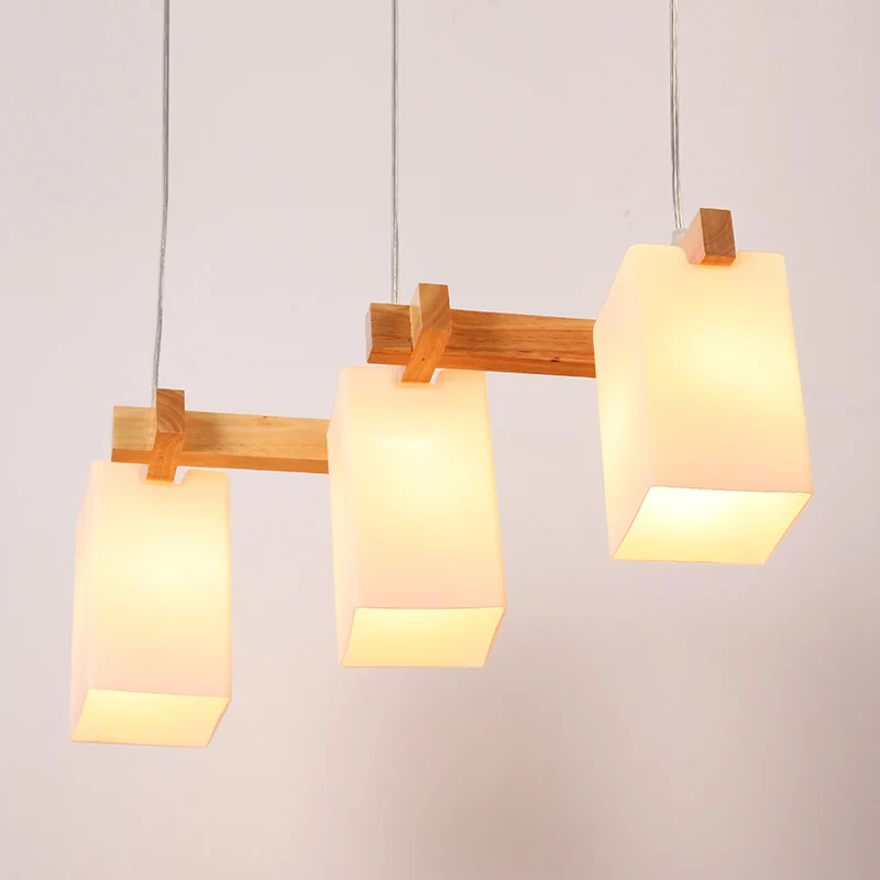 Lampe suspendue rectangulaire en verre opalin Simplicity à 3 têtes en bois Clearhalo