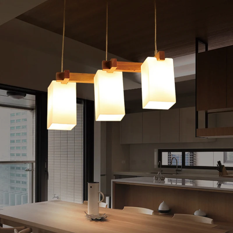 Lampe suspendue rectangulaire en verre opalin Simplicity à 3 têtes en bois Clearhalo