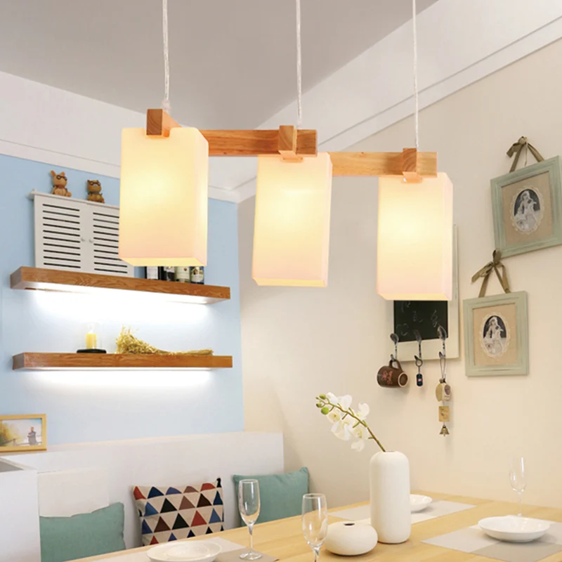 Lampe suspendue rectangulaire en verre opalin Simplicity à 3 têtes en bois Clearhalo