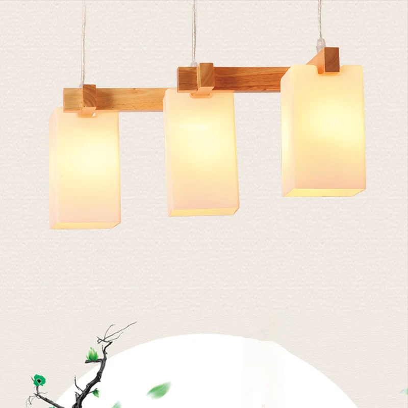 Lampe suspendue rectangulaire en verre opalin Simplicity à 3 têtes en bois Clearhalo