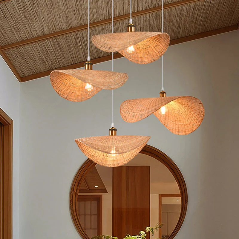 Lampe suspendue de restaurant en forme de feuille de lotus Kit de lampe suspendue asiatique à 1 lumière en bambou en bois...