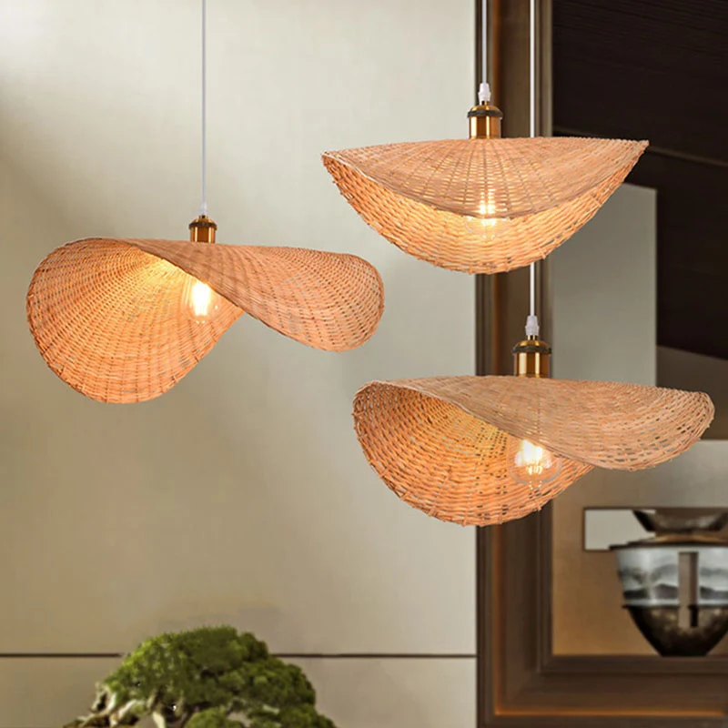 Lampe suspendue de restaurant en forme de feuille de lotus Kit de lampe suspendue asiatique à 1 lumière en bambou en bois...