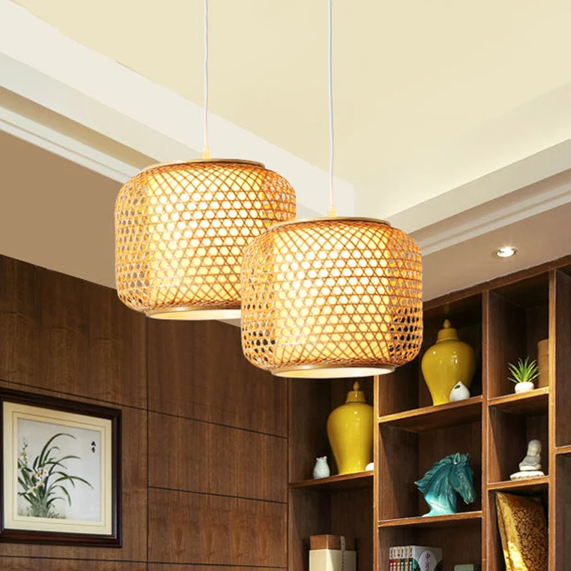 Lampe suspendue rustique à 1 tête en bois, abat-jour tissé, luminaire décoratif d'intérieur, idéal pour un Restaurant Clea...