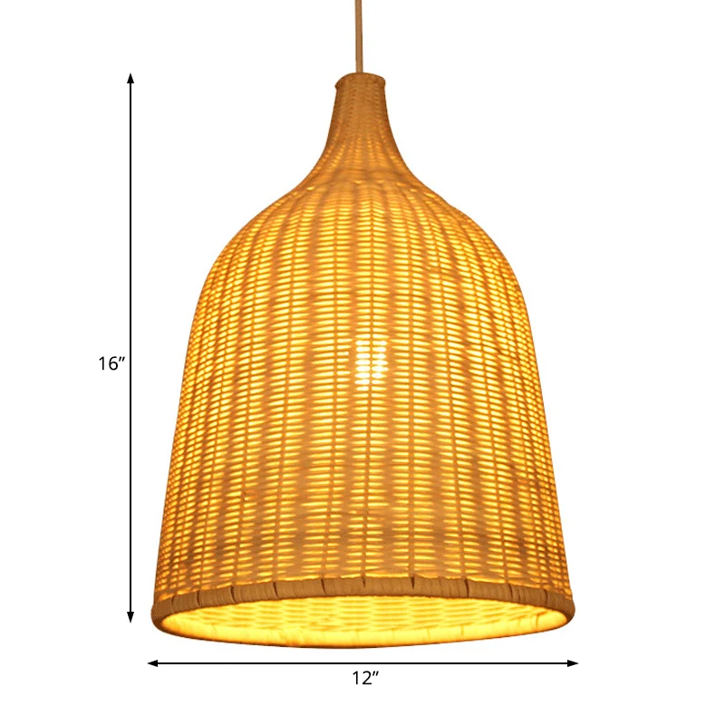 Lampe suspendue en seau en bambou fabriquée à la main, luminaire suspendu rustique à ampoule unique en Beige Clearhalo