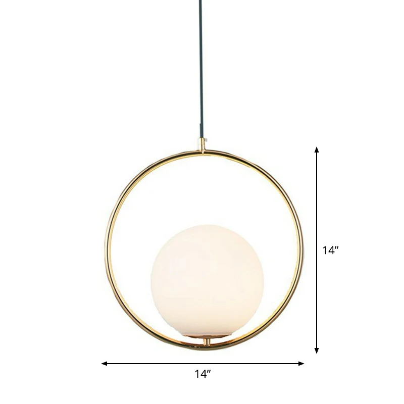 Lampe suspendue sphérique en verre blanc, suspension post-moderne à 1 tête avec anneau en métal en laiton Clearhalo